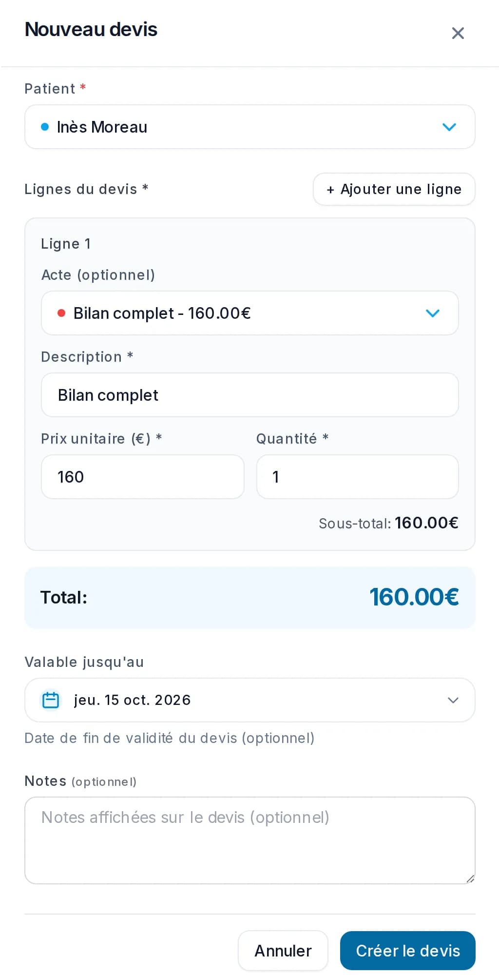 Panneau Nouveau devis : patiente Inès Moreau, ligne Bilan complet à 160 €, total 160 €, valable jusqu’au 15 octobre 2026