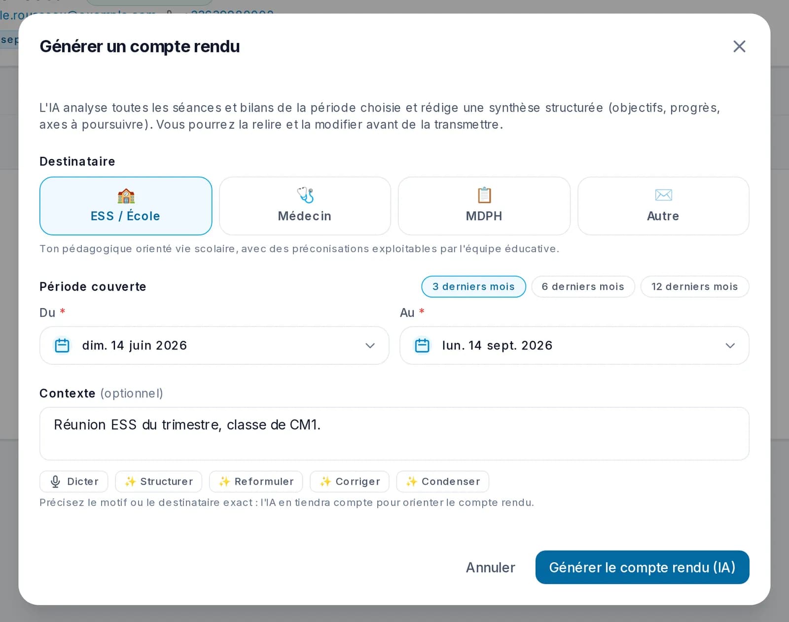 Fenêtre Générer un compte rendu dans Libcab : destinataire ESS / École, période et contexte
