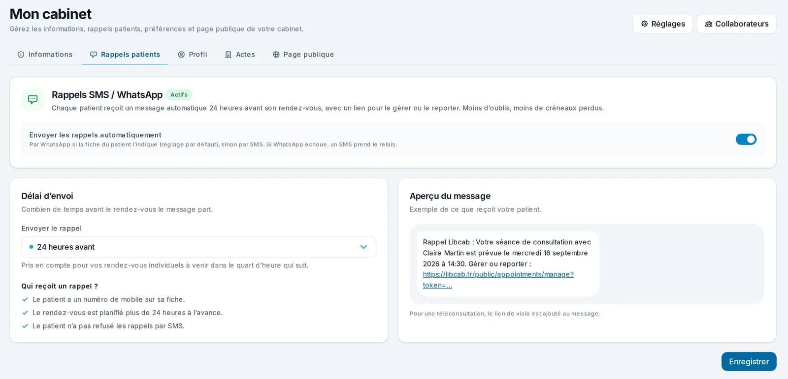 Réglage des rappels SMS et WhatsApp avec aperçu du message reçu par le patient