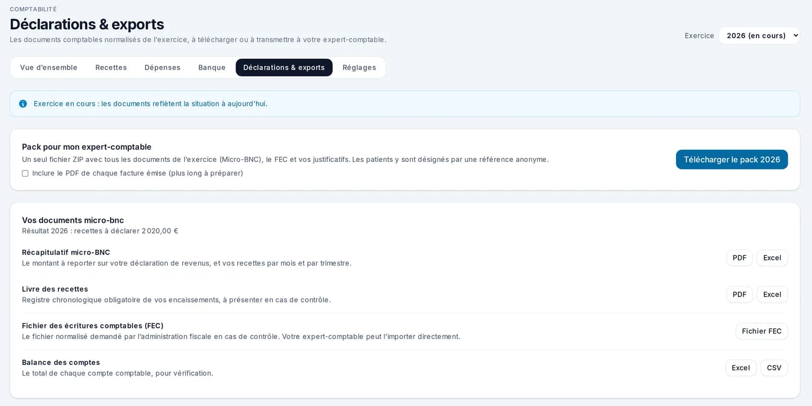 Écran Déclarations et exports : pack pour l’expert-comptable, récapitulatif micro-BNC, livre des recettes, FEC et balance des comptes, en PDF, Excel ou CSV