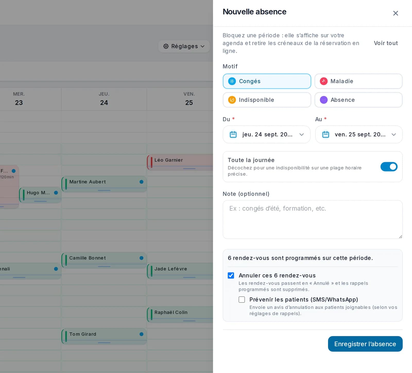 Panneau Nouvelle absence dans Libcab : motif Congés, période, et aperçu « 6 rendez-vous sont programmés sur cette période » avec les options d’annulation et de prévenir les patients