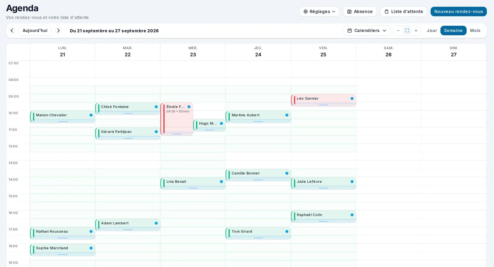 Agenda Libcab en vue semaine avec les séances de la semaine