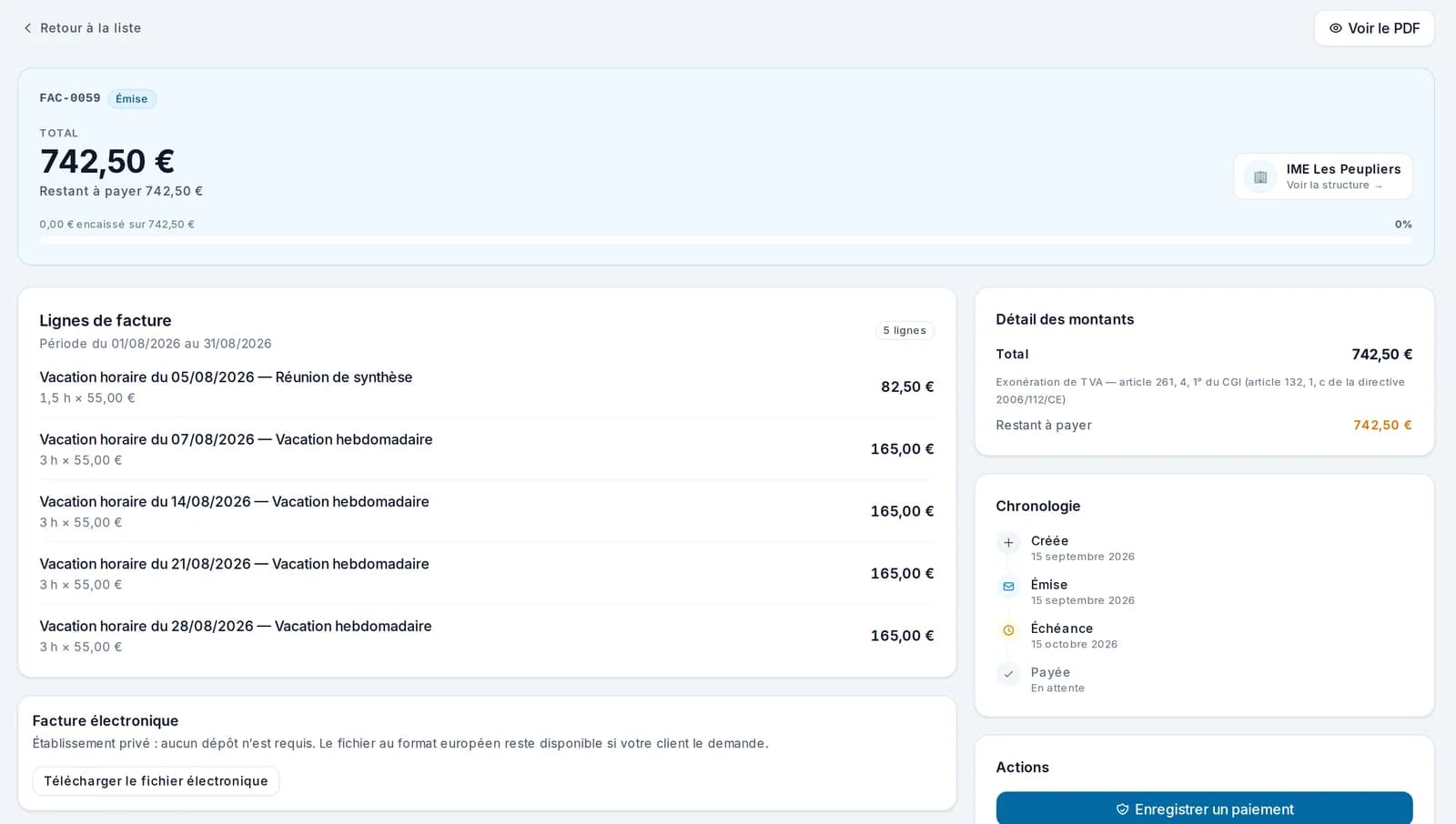 Facture récapitulative d’un IME dans Libcab : cinq vacations horaires du mois d’août, mention d’exonération de TVA et total de 742,50 €