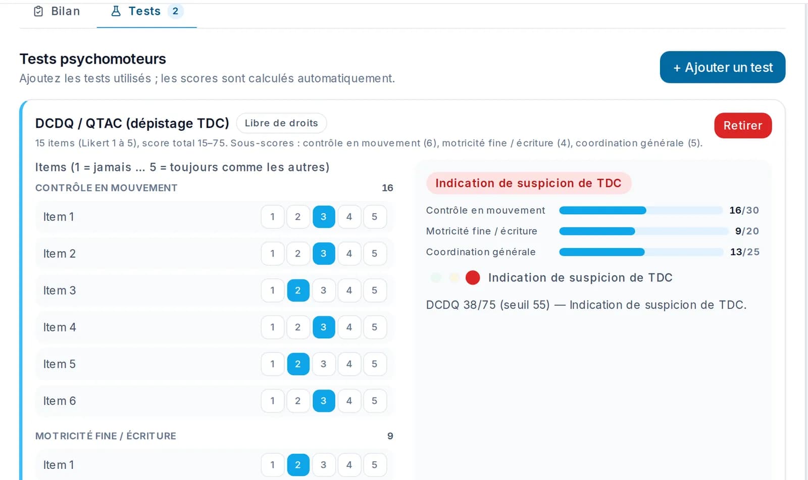 Onglet Tests d’un bilan : questionnaire DCDQ coté avec sous-scores et indication de suspicion de TDC