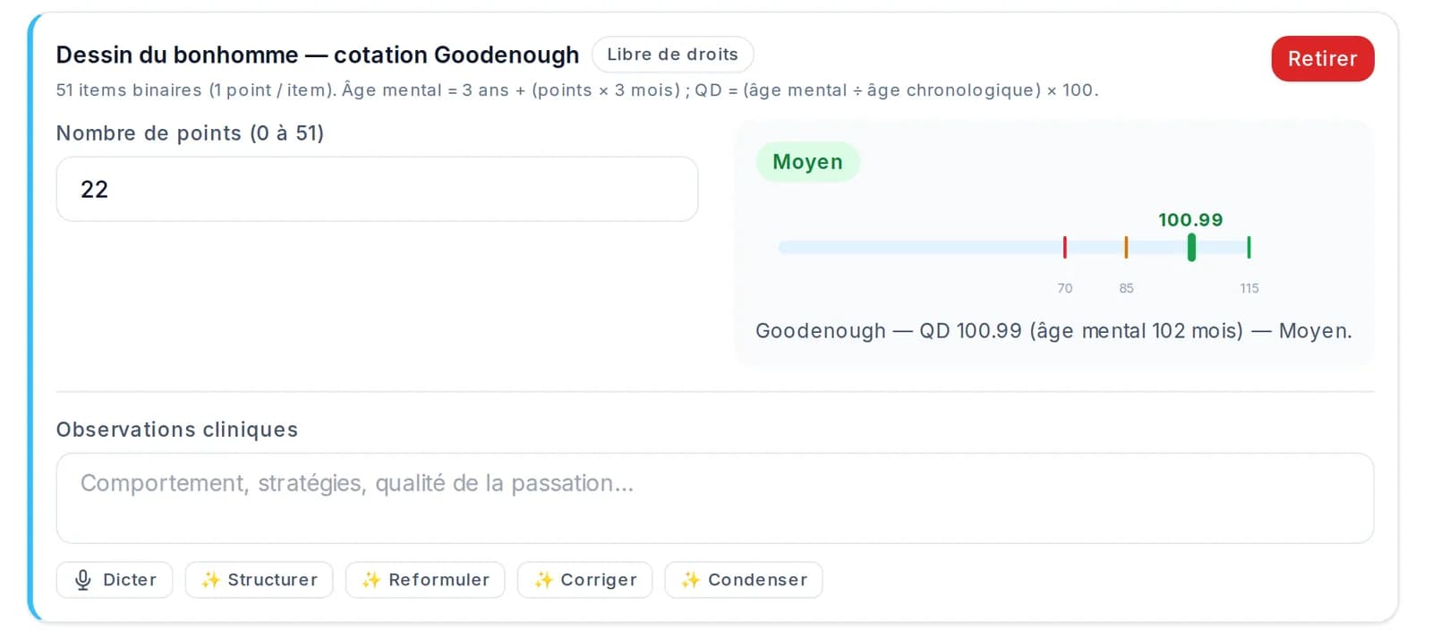 Test du Dessin du bonhomme (cotation Goodenough) dans un bilan : 22 points saisis, quotient de développement calculé et classé Moyen sur une jauge